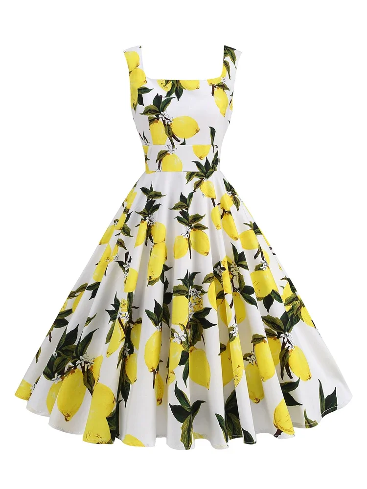 2025 New Hepburn Vintage Lemon Print 50s Pinup Women Cotton Dresses Square Neck Summer Sleeveless High Waist Elegant Party Dress