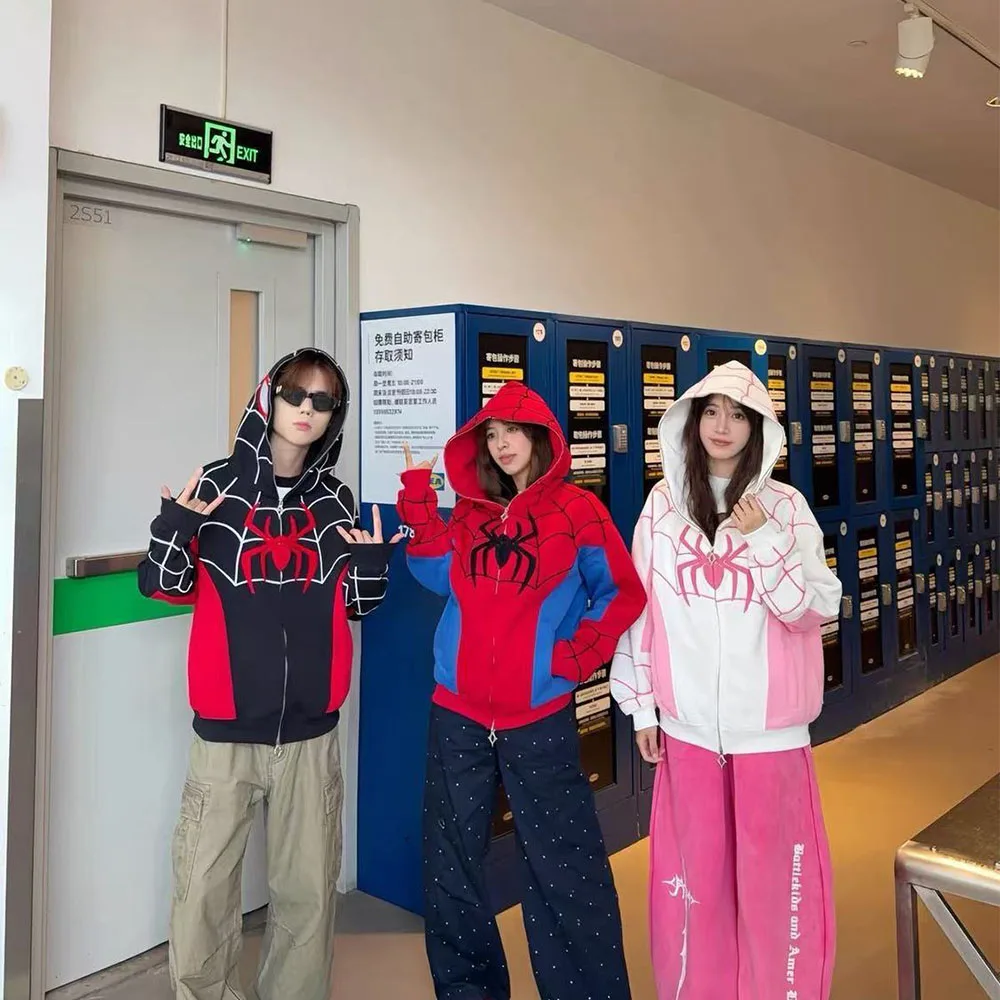 Y2K Spider-Man Zip Up Hoodie Men Women Oversized Web Print Full-Zip Sweatshirt Black Red Spider Graphic Jacket for Autumn Winter