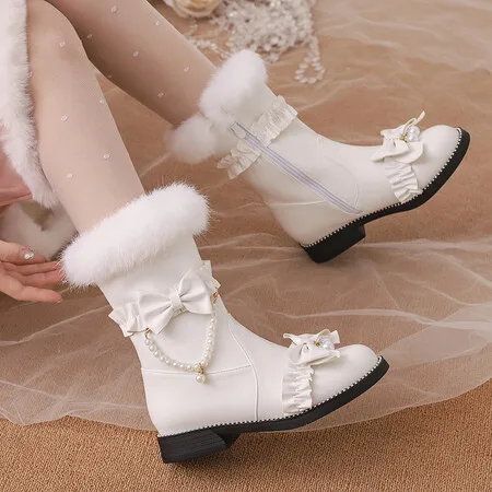 Fashion Sweet Bow Women Comfort Square Platform Ankle Boots Elegant Ruffles String Bead Girls Princess Cosplay Pink Lolita Shoes