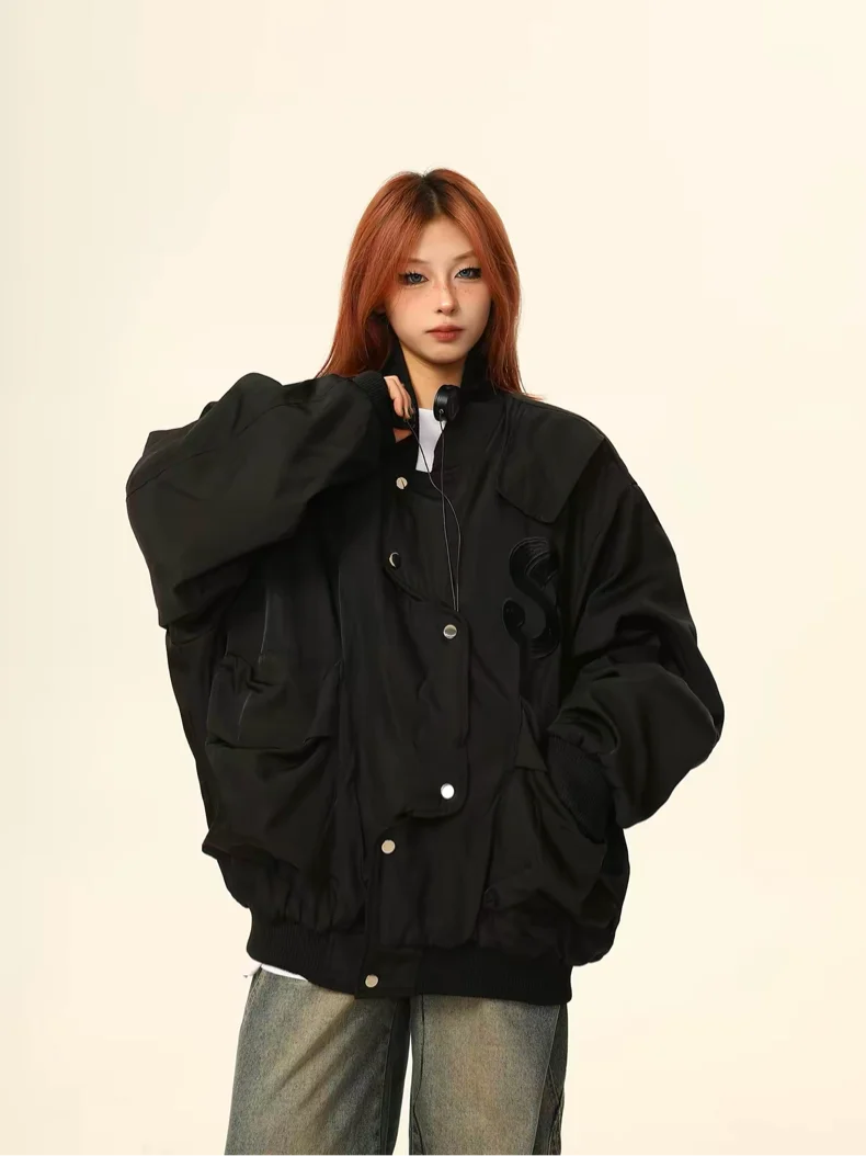 

Wild American Street Sle Flight Jaet Cotton Coat ex Asymmetrical Design Thiened Long Sve Double Button Closure