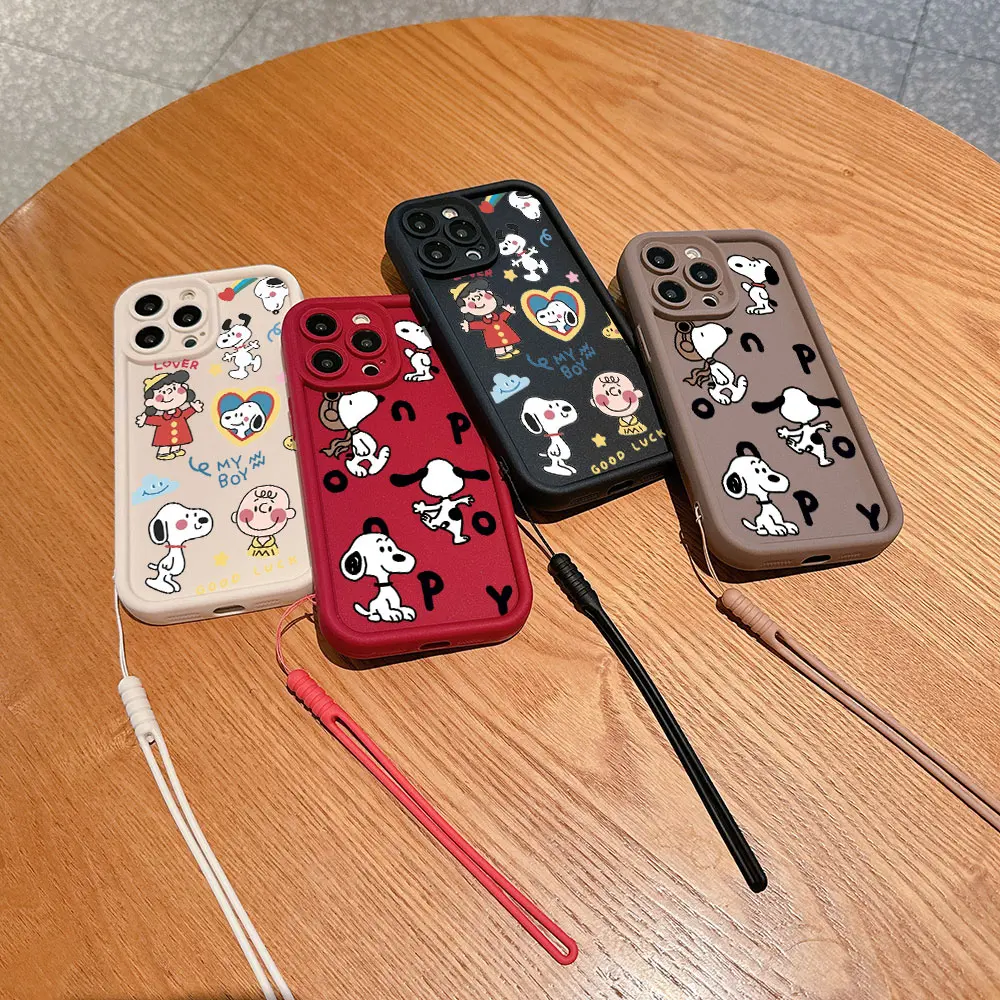 Niedliche Cartoon-Handyhülle für iPhone 15 14 13 12 11 Pro Max Mini XR XS X 7 8 Plus, weiche TPU-Snoopys-Rückseite mit Handschlaufe