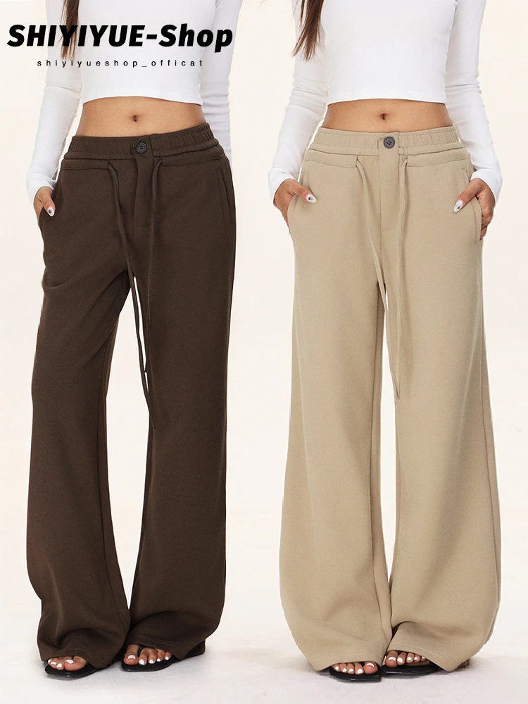 

Коричневые женские повседневные спортивные брюки с высокой талией и широкими штанинами, осенне-зимние, в американском стиле, с поясом, облегающие, слегка расклешенные