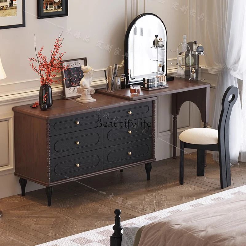 

French retro solid wood dressing table large capacity storage dressing table
