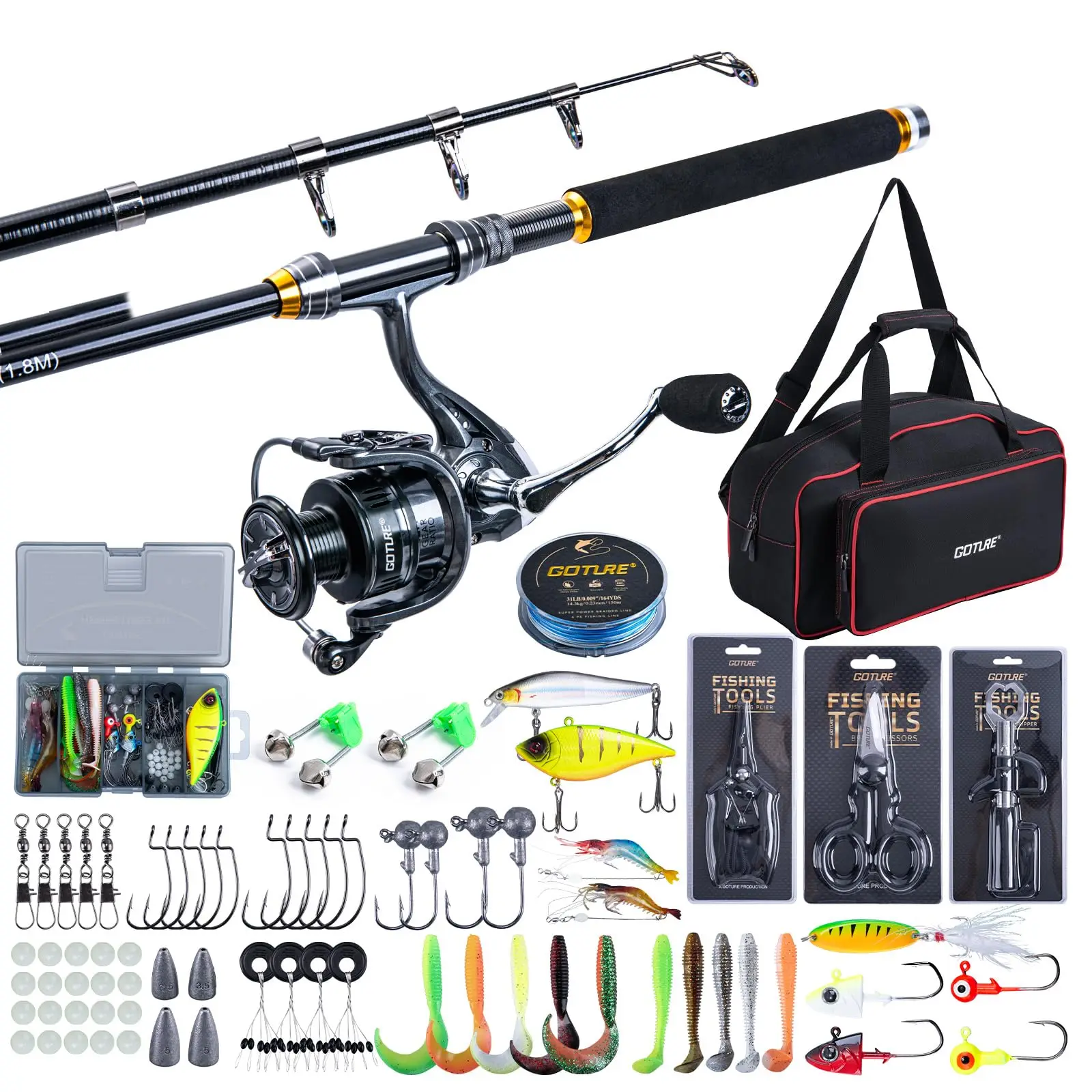 Goture Fishing Telescopic Rod and Reel Combos 1.8M-2.7M Telescopic Fishing Pole 5.2:1 Spinning Reel Line Lures Set with Bag