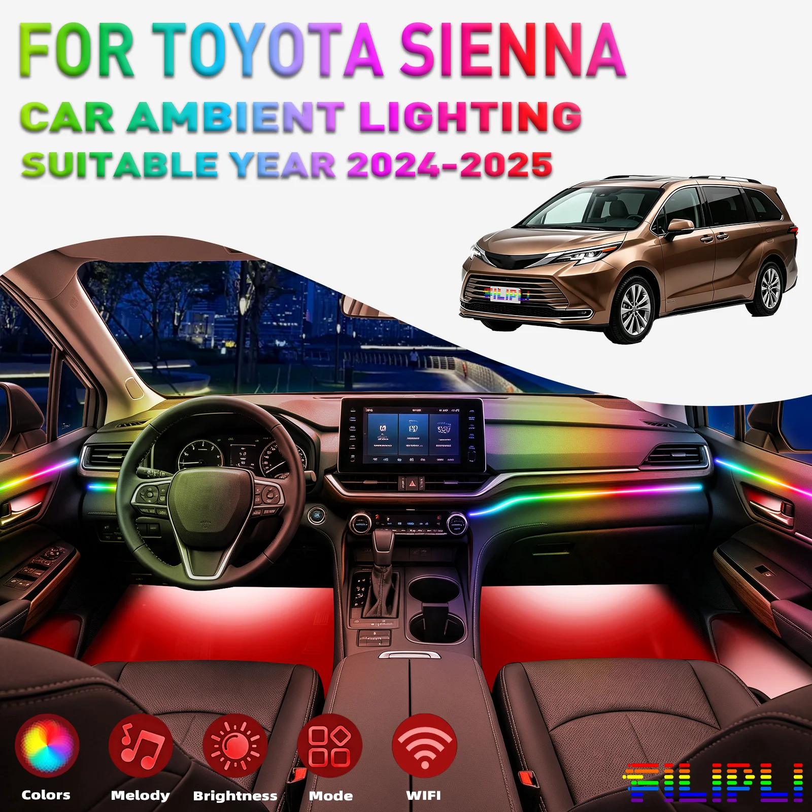 For TOYOTA Sienna 2024-2025 6 Lights Kit 256 Colors DREAM COLOR 6 in 1 Hidden Acrylic LED Strip Mood Atmosphere Lamp Music Sync Sound Active Neon Light Strip Footwell Decor Light SUV Interior Upgrade Accessories