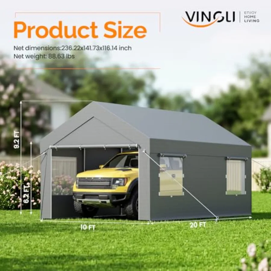 eavy Duty Carport with Galvanized Steel Frame, Portable Garage with 2 Roll-up Windows and Doors, Removable Sidewalls on Car Por