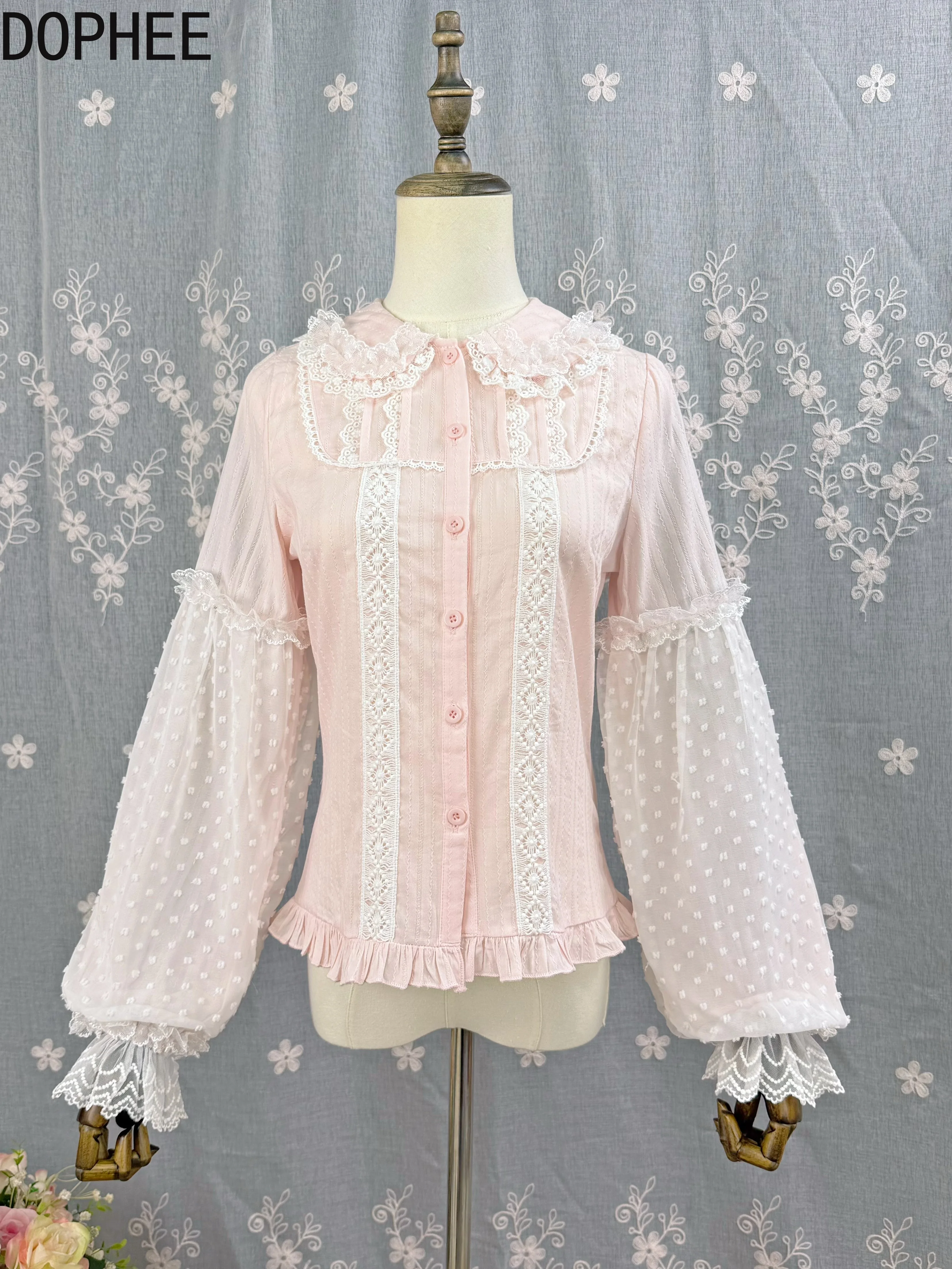 

Original Lolita Long Sleeve Women Blouses Elegant Lace Peter Pan Collar Lantern Sleeve All-match Spring Autumn Princess Shirts