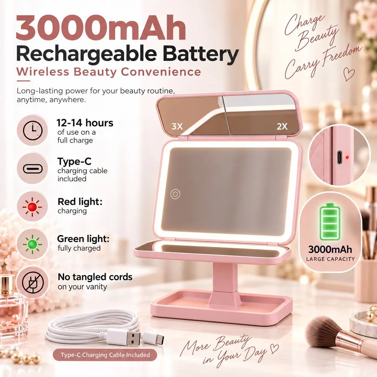 LED Lighted Vanity Mirror with 3X Magnification Foldable Makeup Mirror with Touch Control and Storage Tray for Dressing Table