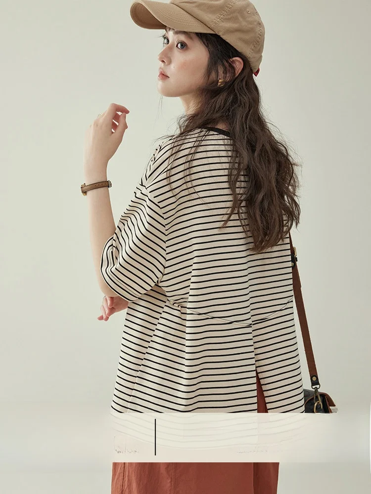 

AMUU Original Striped round Neck Back Split Pure Cotton T-Shirt Women Summer New Loose Short Sleeve Top Casual Style Cotton 100%