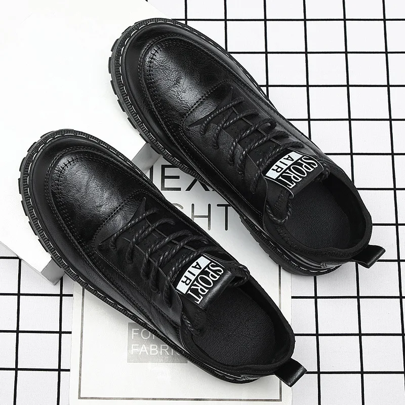 2023 Men Leather Platform Oxfords Slip on Thick Bottom Men\'s Derby Shoes Casual Loafers Mens Square Toe Formal Dress Shoes