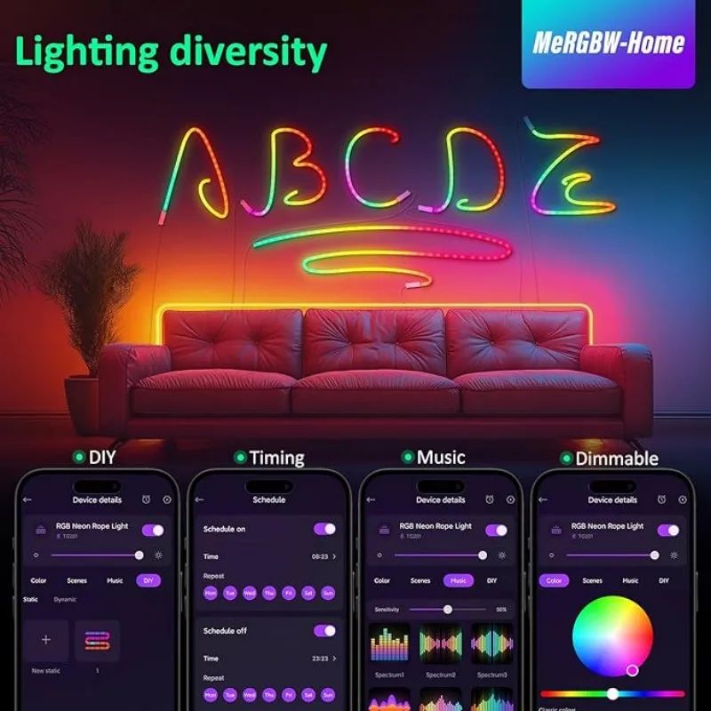 DC 24V RGBIC Neon Led Strip Light With Bluetooth 72Leds/Meter Outdoor IP65 Waterproof Neon Rope Lights App Remote Control Band