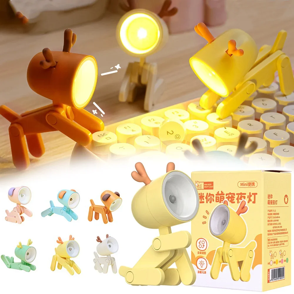 Criativo led mini nightlight dobrável candeeiro de mesa com orelhas criança bonito dos desenhos animados cão veados candeeiro de mesa brinquedo para animais de estimação quarto decoração de mesa