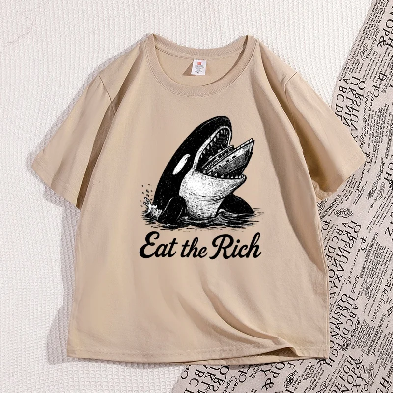 Eat The Rich Killer Whale T-Shirt Vintage Cotton Short Sleeve Tshirt Streetwear Man Short Sleeve Graphic Tee Oversized Tee view 2