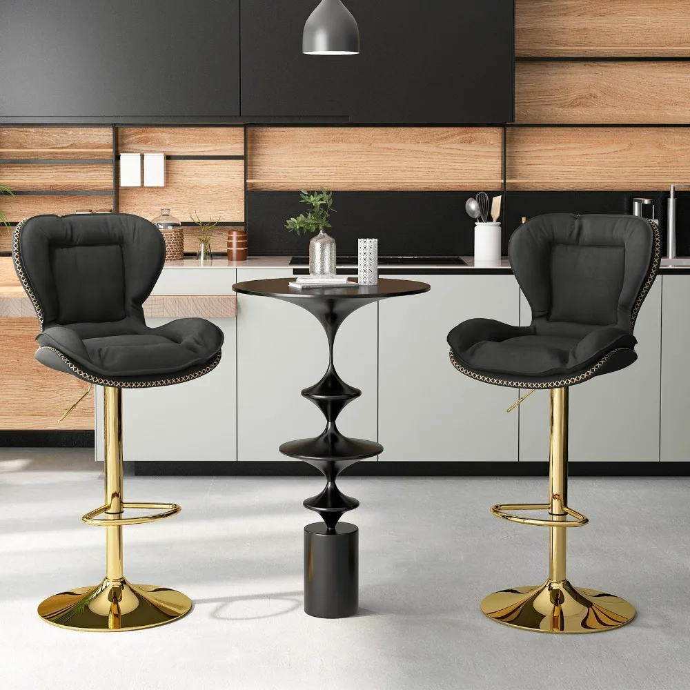 Set of 2 Leathaire Bar Chairs Adjustable Bar Stool with Padded Seat & Footrest