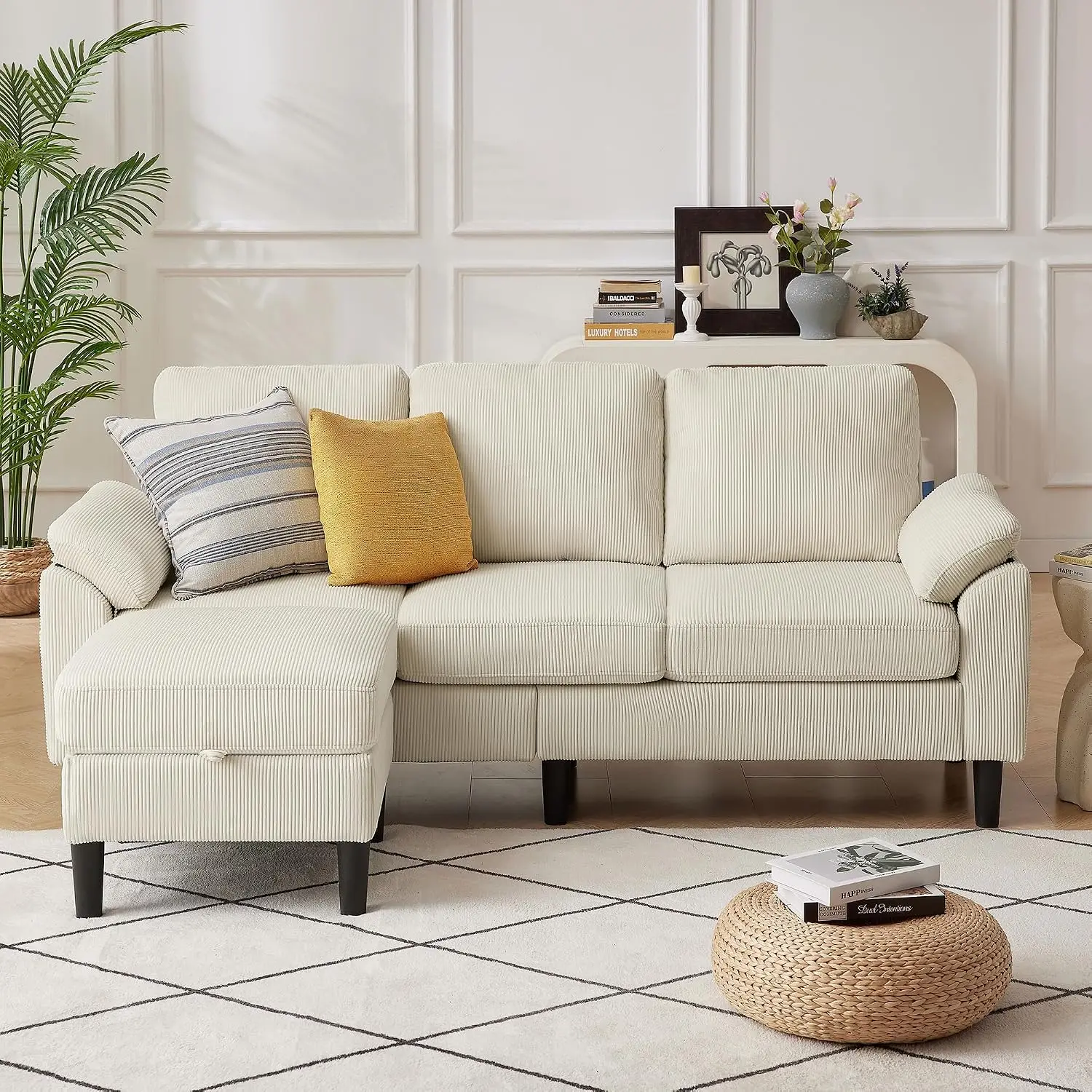 80''L Corduroy Sectional Sofa With Storage Ottoman, Removable Washable Covers, Side Pockets, Living Room, Beige, Customized