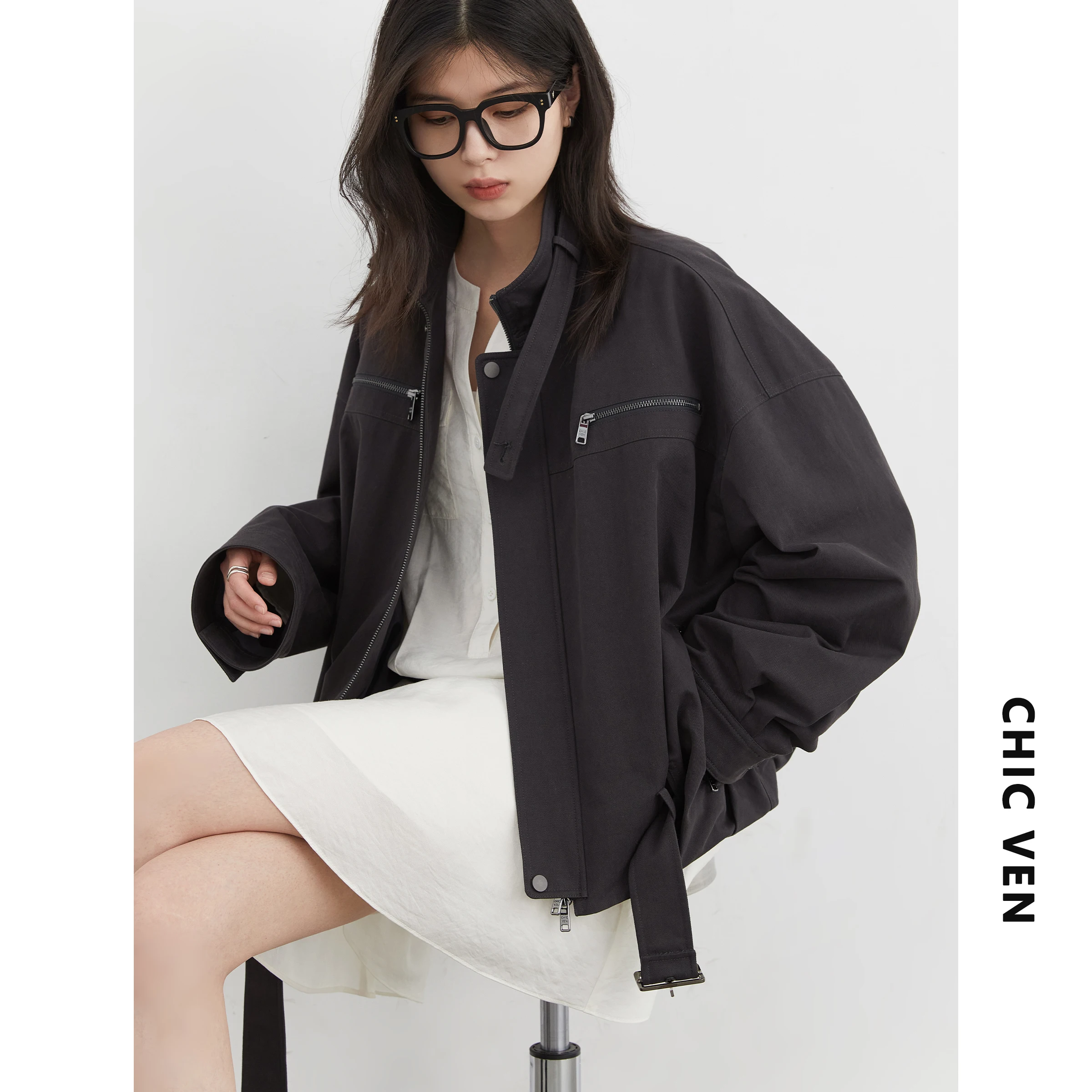 CHIC VEN mode femmes vestes Streetwear décontracté solide rétro col montant manteau court haut pour 