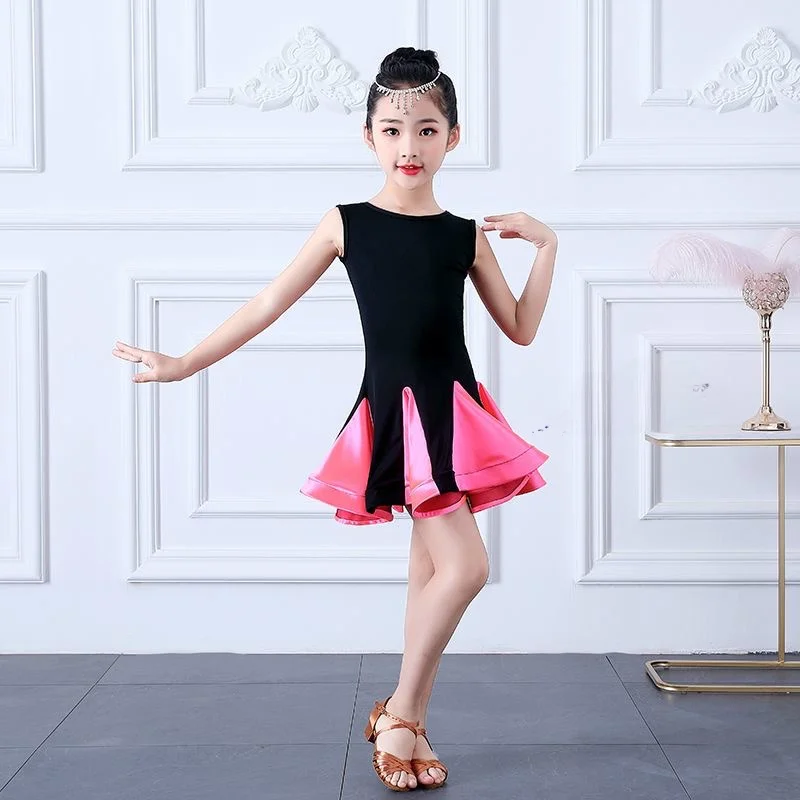 Fantasia Profissional de Dança Latina para Crianças, Roupa de Prática de Verão com Alças e Almofada no Peito, Vestido de Perf...