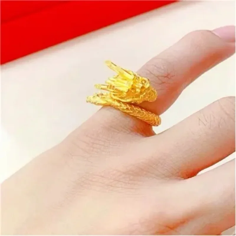 VivoGoldPersonality 9999 24K Real Gold Dragon Pattern Ring Gold Opening Faucet Men's Ring Tail Ring