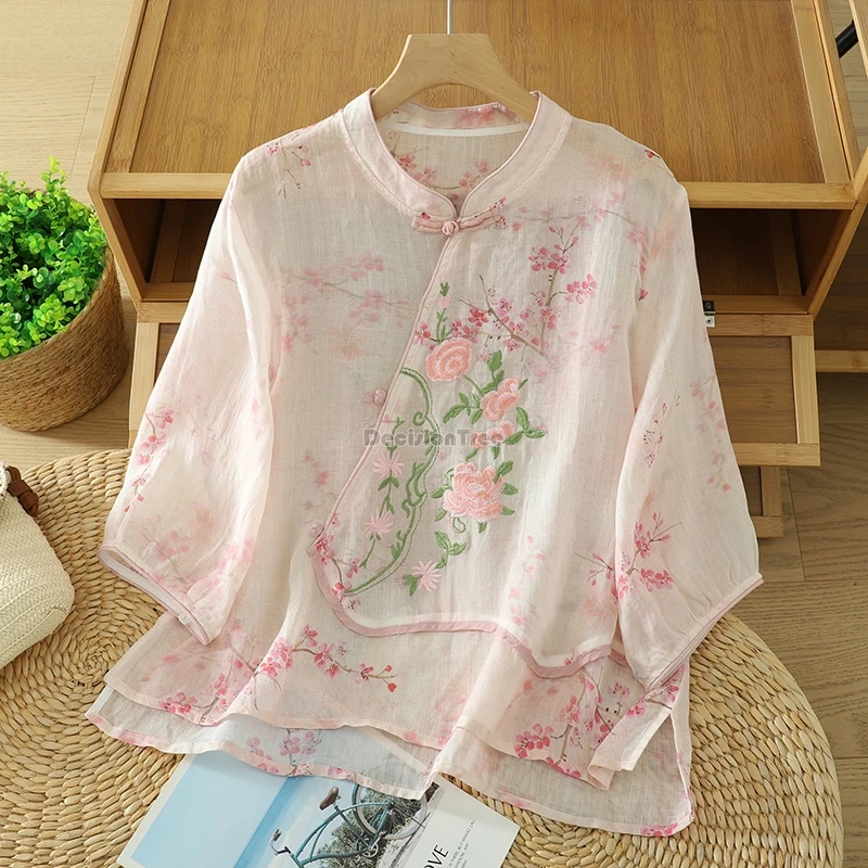 

2025 chinese ethnic style embroidered cotton and linen shirt women's summer new retro style printed loose cheongsam blouse t001