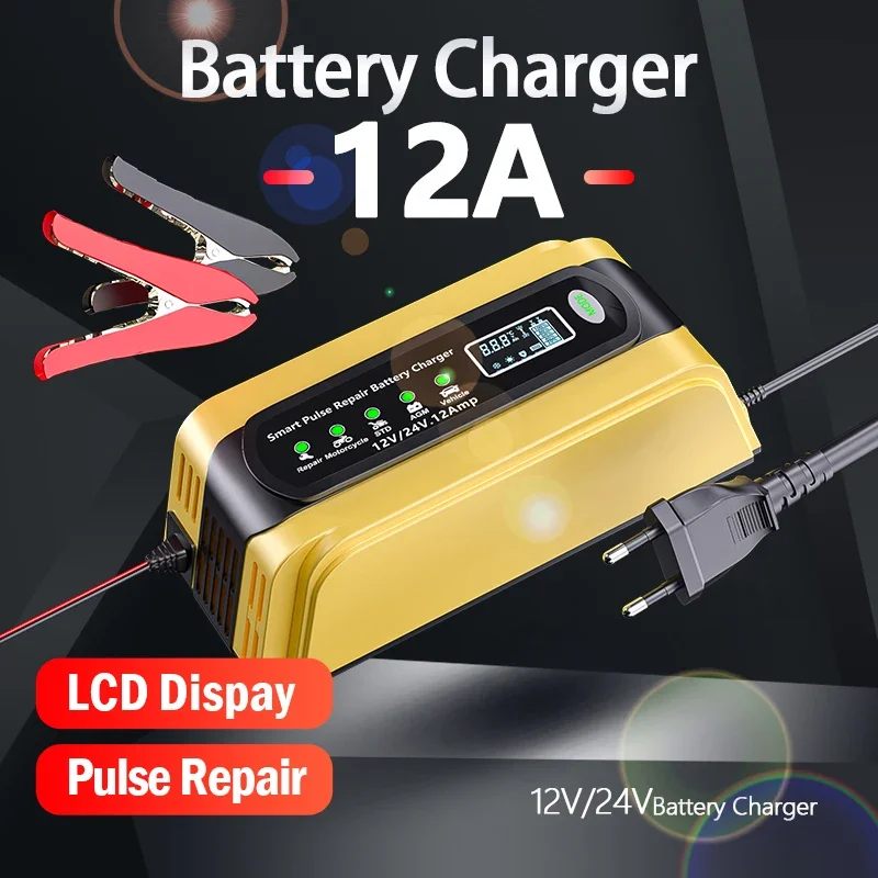 

12V 12A 24V 6A Automatic Battery Charger, Smart Fast Trickle Charger with Pulse Desulfation for Car Truck Motorcycle