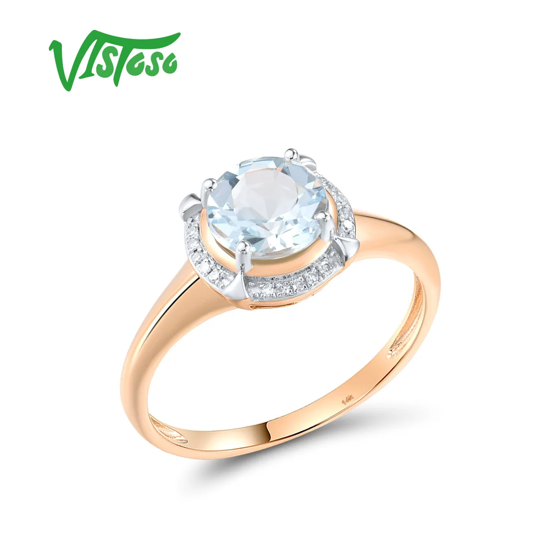 

VISTOSO Real 14K 585 Rose Gold Ring Sky Blue Topaz Shine Diamond For Lady Wedding Engagement Anniversary Elegant Fine Jewelry