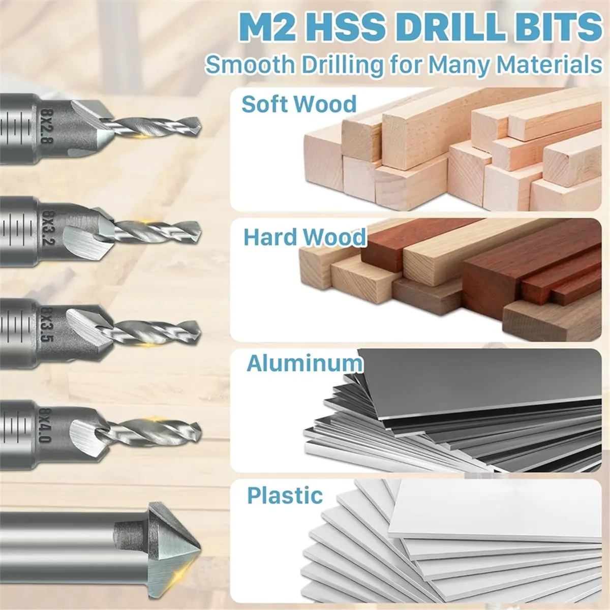 

[AA49] Countersink Drill Bit Set with A Screwdriver Bit, 2.8/3.2/3.5/4.0mm Drill Dia X 8/10 mm Countersink Dia