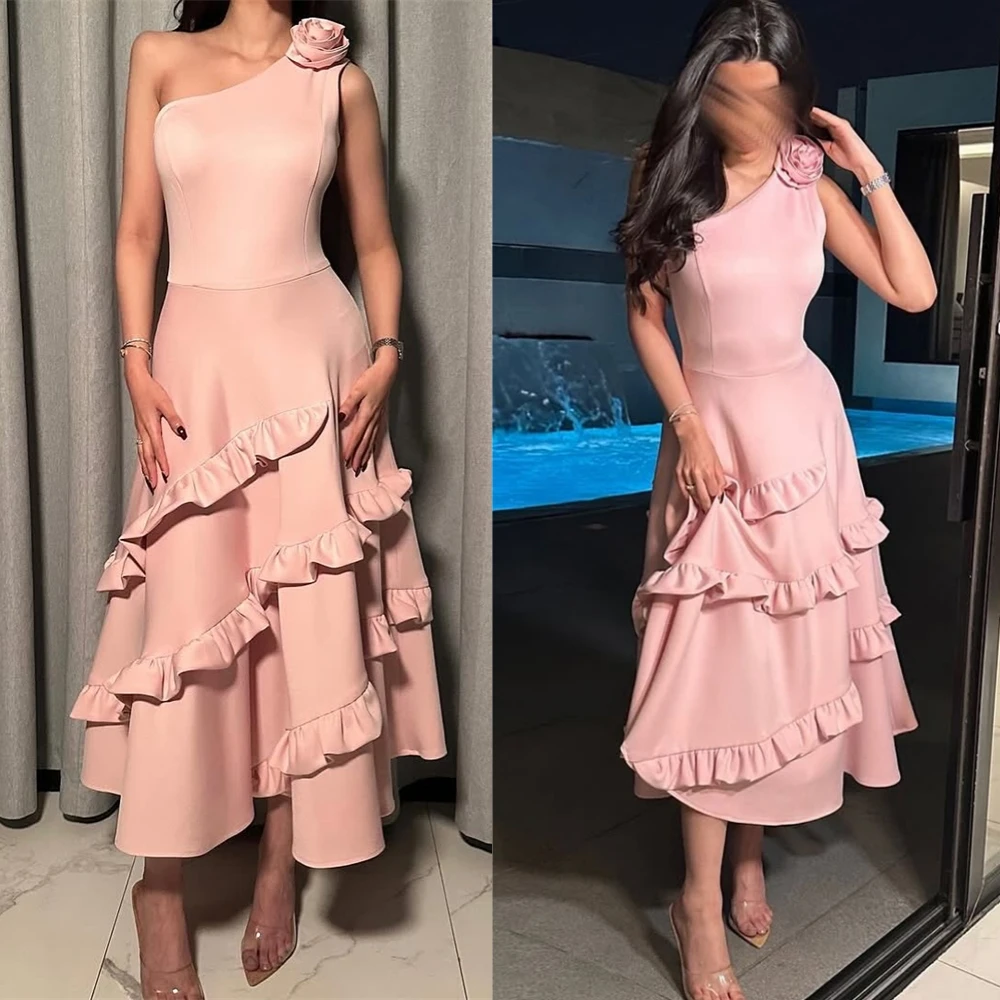 

Customized Modern Satin A-Line Evening Dress Graceful One Shoulder Prom Dresses Fashion Tiered Special Occasion Gowns