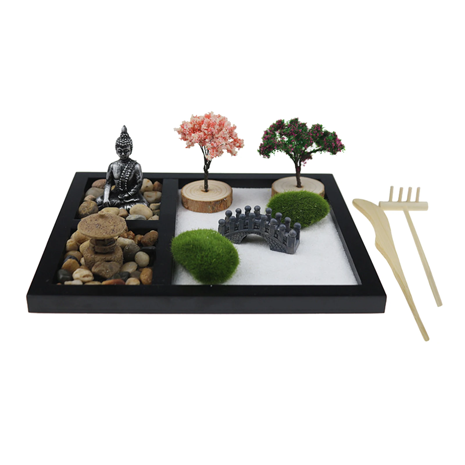 3 Grids Tray Kit with Buddha Statue Figurines, Rake, , Bridge,Trees Garden, Relaxation Gift for Stress Meditation