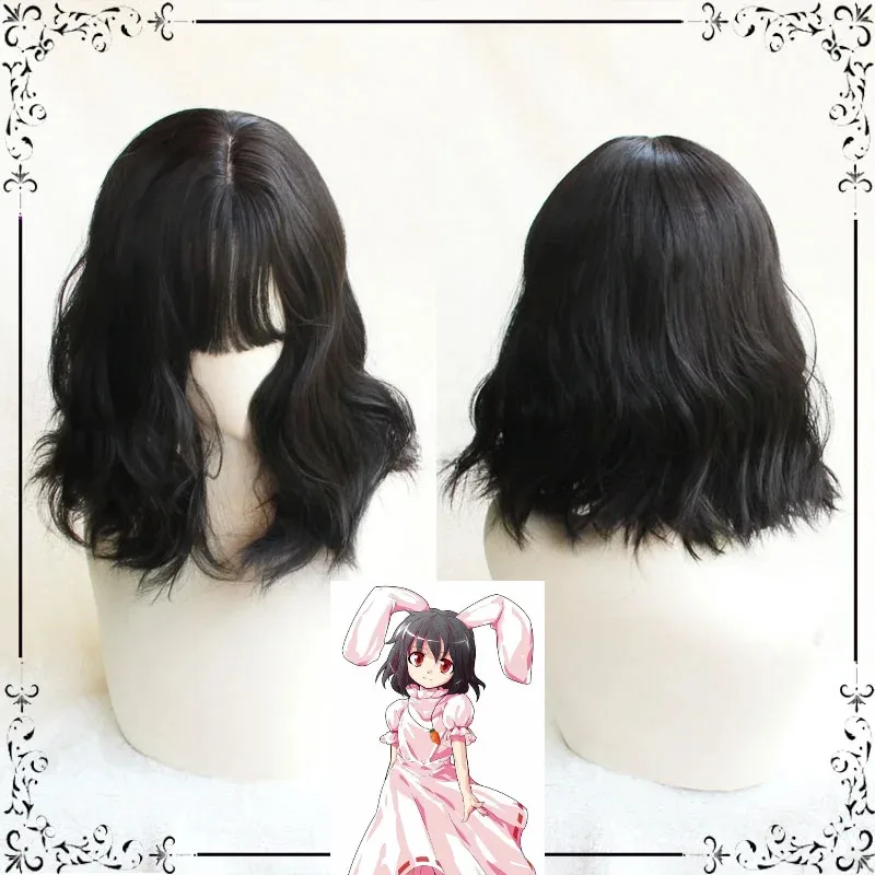 DY20Touhou Project Inaba Tewi Cosplay Costume Hair Headwear Black Short Curly Wig25