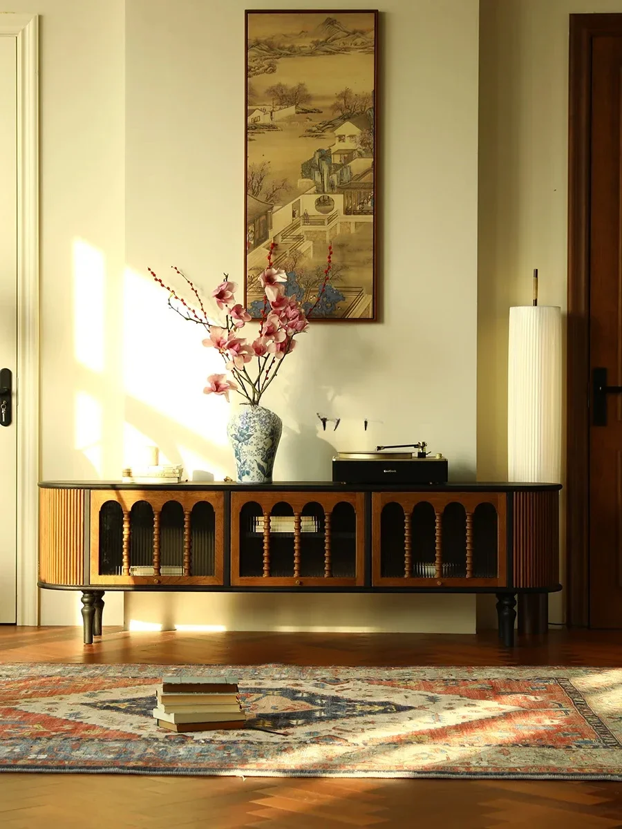 

Retro French Color Matching TV Cabinet Nanyang Style Living Room Solid Wood Medieval Low Cabinet