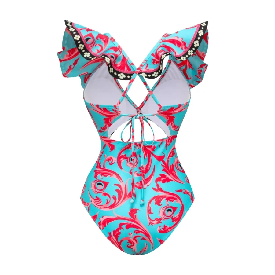 2024 Printed V Neck Ruffle One Piece and Sarong Swimwear Women Vacation Beachwear Luxury Bathing Suit Bodysuit Dress