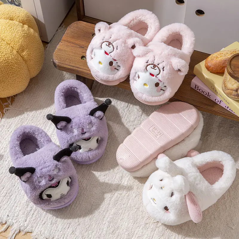 Hello Kitty Cinnamoroll Kuromi My melody bag heel cotton slippers for women winter plus velvet to keep warm indoor home non-slip