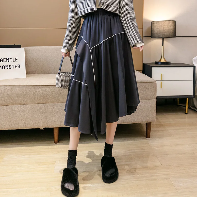 Korean Style Midi Skirt Women Fashion Casual Retro Black Pleated Skirts for Womens Irregular Stylish Elegant Faldas