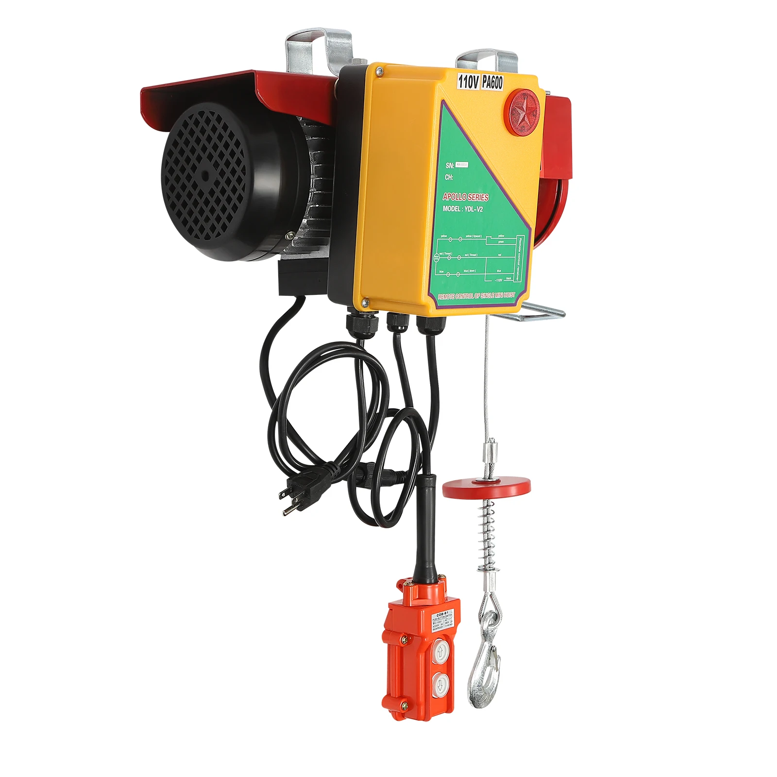 PA600 Electric Wire Hoist Winch 1320Lbs Engine Crane Lift Wired Remote Control,Remote & Wired, Steel-Aluminum Alloy Durability