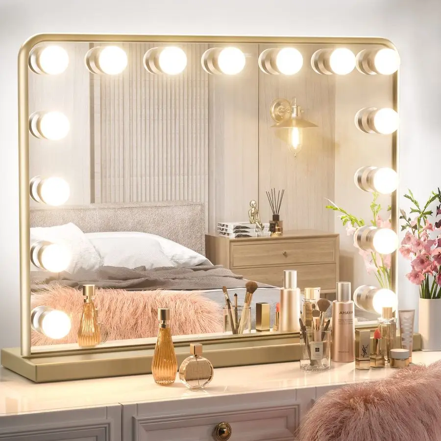 

Gold Vanity Mirror with Lights 23 x 18, 15 LED Bulbs Hollywood Makeup Mirror with 2 Replacement Bulbs, 3 Color Lights, Aluminum