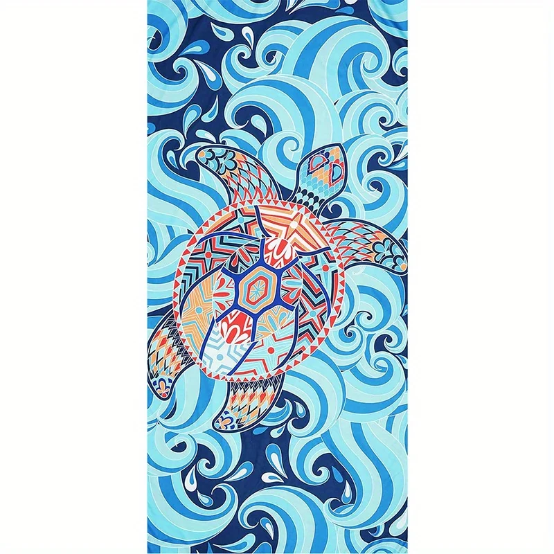 Beach Towel Geometric Turtle and Wave Pattern Sun Protection Windproof Suitable for Swimming Pool Camping Travel Blanket