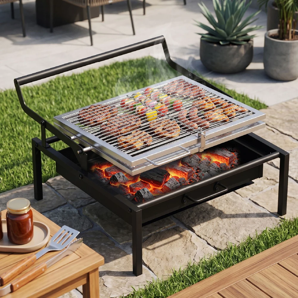 360° Portable Foldable Rotating Charcoal Grill Stainless Steel Outdoor Camping Beach Cooking Removable Barbecue Net