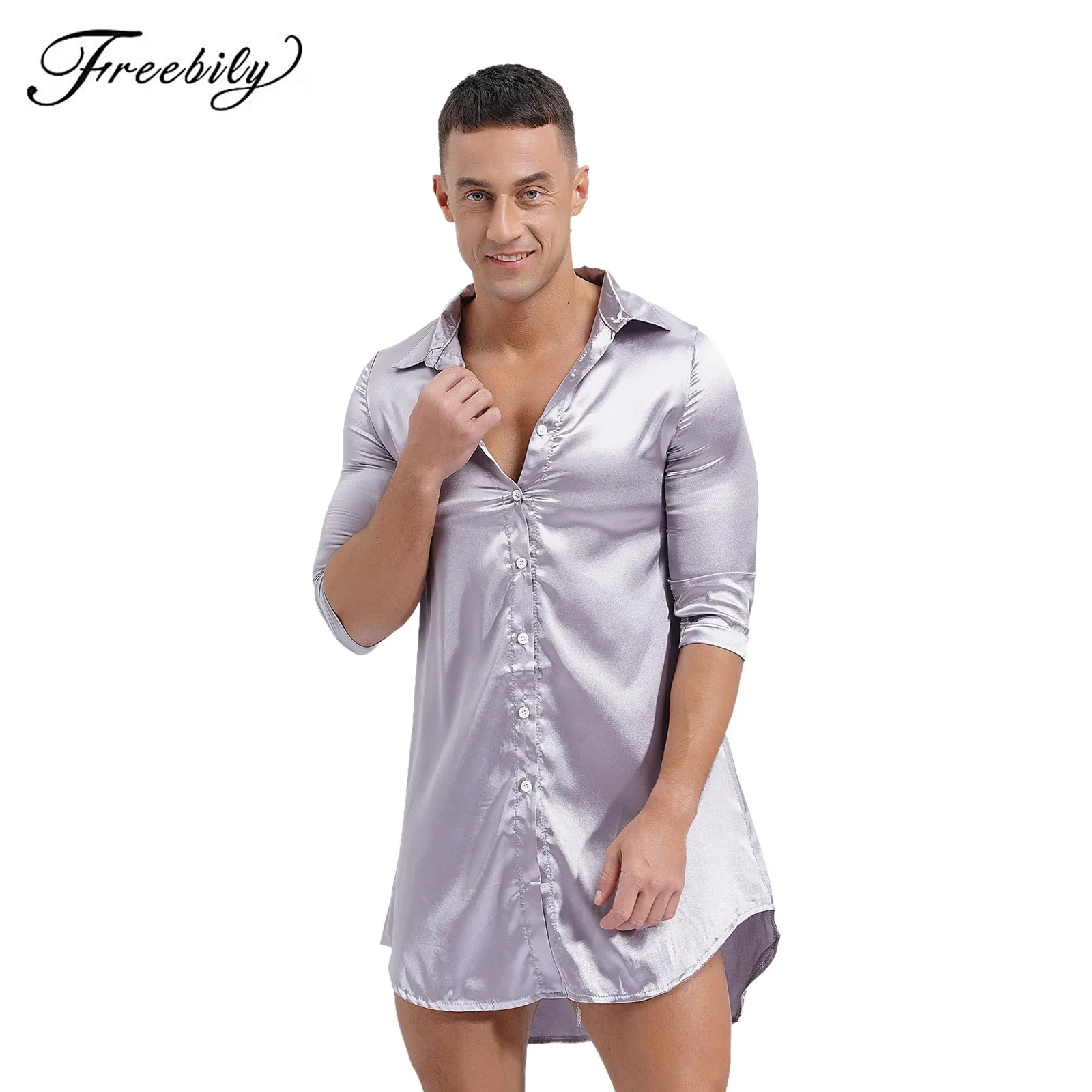

Silky Sissy Shirt Pajamas for Mens Satin Sleepwear Long Loungewear Turn-down Collar Half Sleeve Button-up Curved Hem Homewear