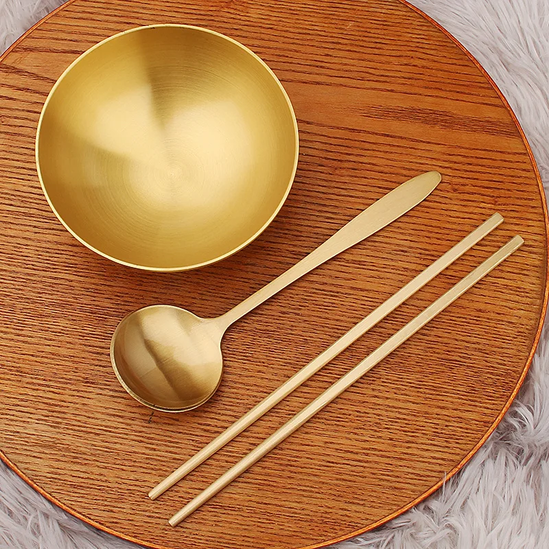 Brass Bowl Chopsticks Spoon Set Simple Chinese Style Home Supplies Desktop Ornaments Thickened Smooth Brass Bowl Crafts Wholesal