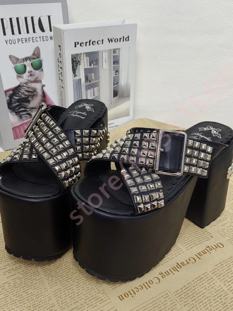 

2026 New Black Studded Chunky Heel Platform Sandals Punk Buckle Strap Slip-On Mules Cool Gothic Summer Party Shoes for Women