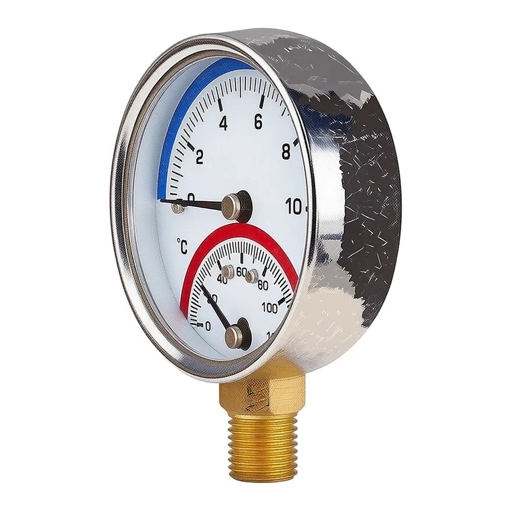 60 mm Diameter Dual Function Pressure Temperature Gauge 0-10 Bar 0-120 C for Floor Heating and General Industrial Use
