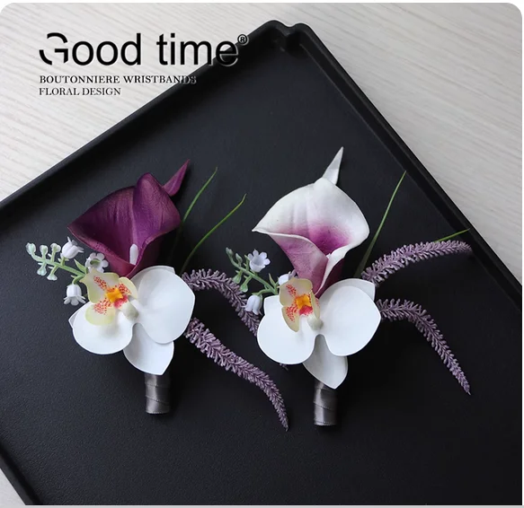 كبار الصدار زهرة المعصم زنبق الكالا زهرة اصطناعية العروس والعريس احتفال الزفاف التصوير دعوى طية صدر السترة الأرجواني و ث