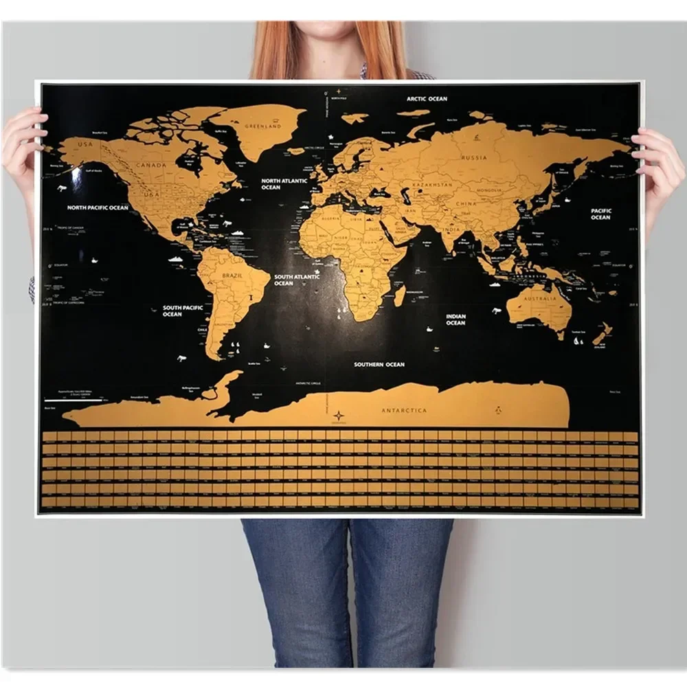 Drop shipping Deluxe GlobelScratch Maps With National Flag, Gold Foil Black Scratch Travel Maps Wipe Foil Coating Maps Poster 0