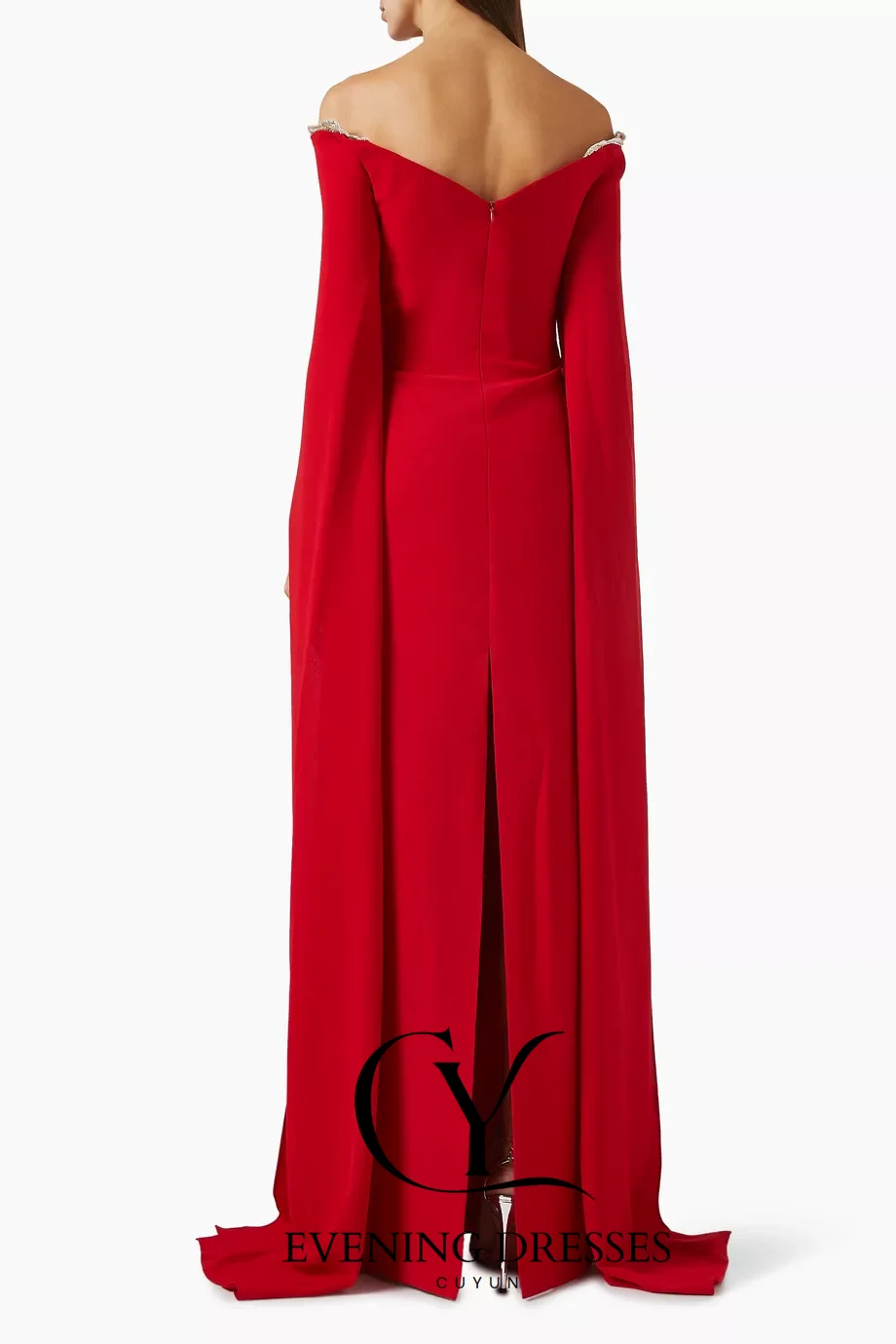 CUYUN-vestidos de noche formales rojos, mangas tipo capa con cuello barco y cuentas, vestido de fiesta con abertura en la espalda personalizado para ocasiones formales