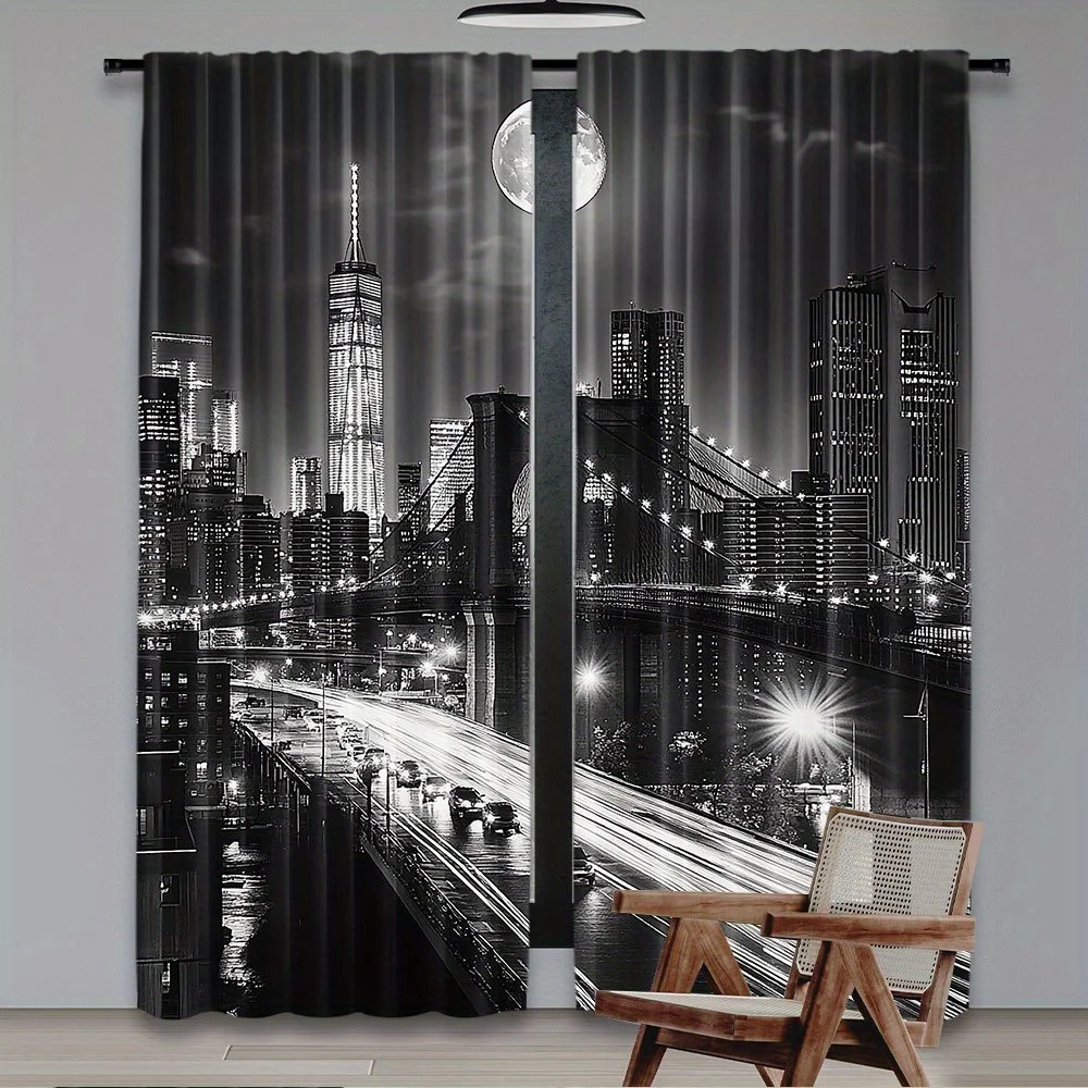 Black White City Night Curtain, Urban Skyline & Bridge Moonlight Print Drape, Modern Metropolis Scenery Window Treatment for