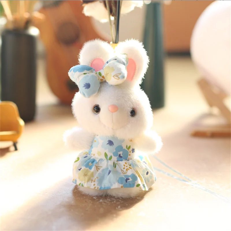 15 cm carino fiore vestito coniglietto ciondolo peluche bambola cartone animato borsa ciondolo portachiavi bambola morbido peluche figurine da collezione