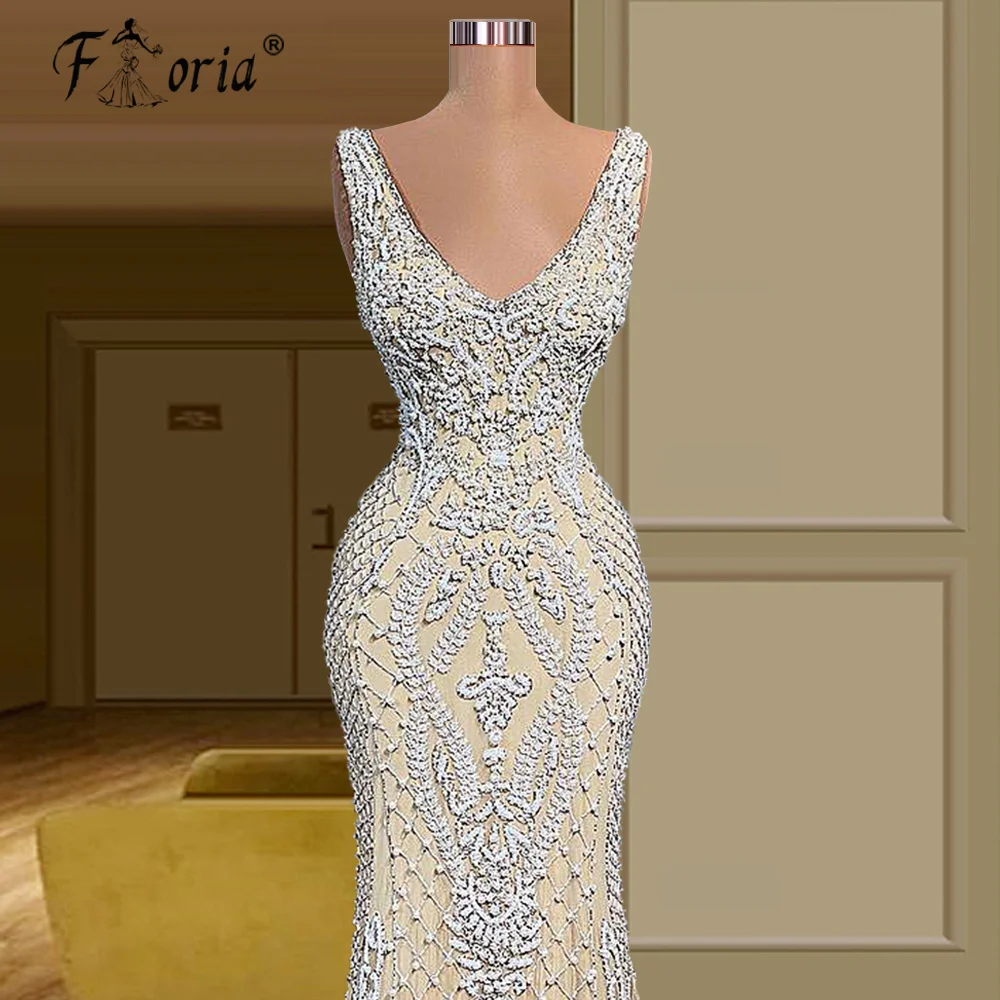 Dubai Elfenbein und Champagner Meerjungfrau Abendkleider Luxus V-ausschnitt Spitze Perlen Prom Formale Kleid für Frauen Hochzeit Party Kleider