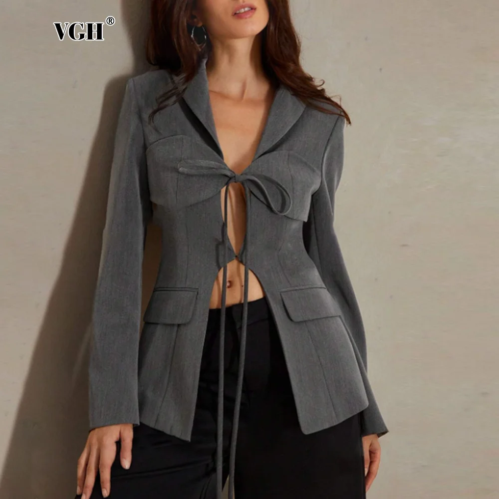 

VGH Hollow Out Patchwork Lace Up Slimming Blazers For Women Notched Long Sleeve Elegant Irrgular Blazer Female Fashion Style New