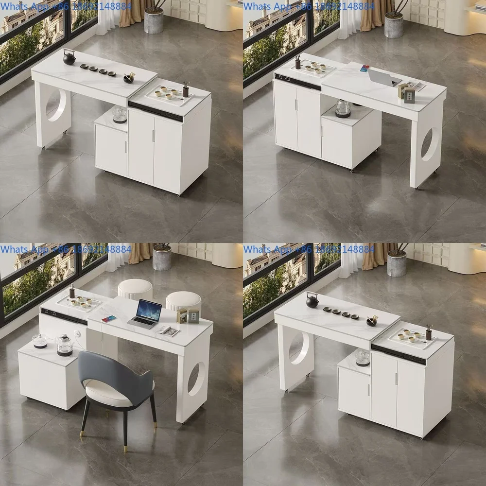 

Portable Expandable Rotating Tea Cart with Luxury Kettle Integrated Balcony Home Compact Marble Tea Table Chair Set