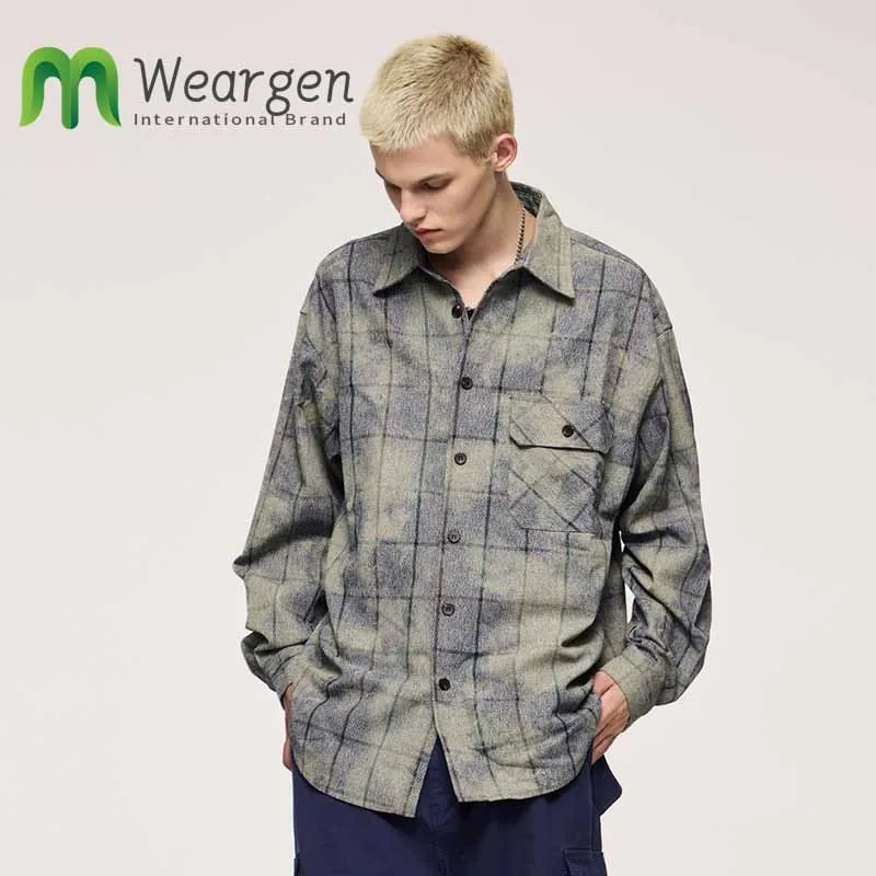 

Men's Cotton Wax Printed Plaid Shirt Autumn Winter New Product Retro Trendy Brand Casual Loose Long Sleeved Shirt 7102W24